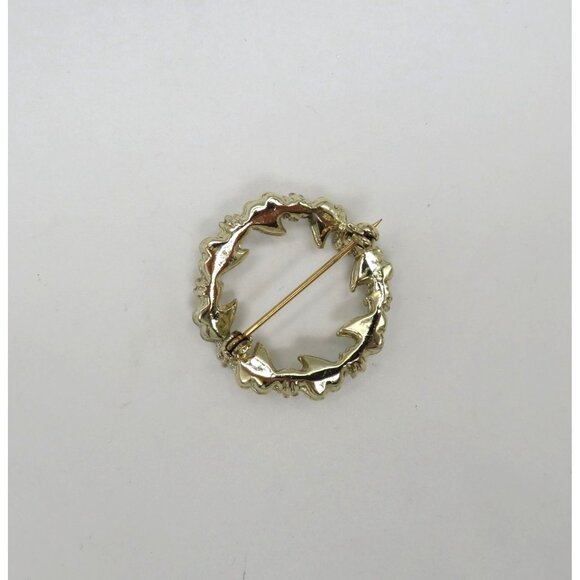 Vintage Leaf Brooch 1" Round Gold Tone Imitation Pearls Turquoise Accents - Picture 12 of 13